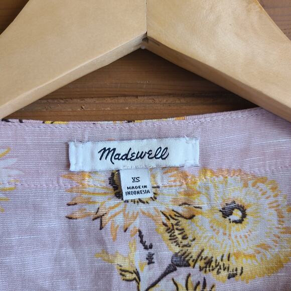 Madewell Linen Dress Pink Dutch Danelions Pink Floral Wrap Dress XS Boho Cottage - Picture 3 of 6